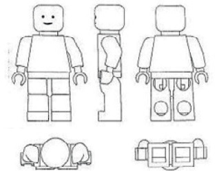 Lego bouwsteen legopoppetje in lijntekening vanuit 5 verschillende standpunten